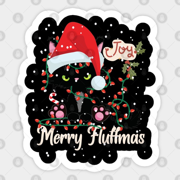 Black Cat Tangled Up In Christmas Tree Lights Merry Fluffmas Sticker by alcoshirts